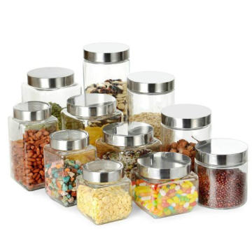 Large Square Glass Storage Jars for Home/Food Shop Storage& Organization with Metal Lids, FDA